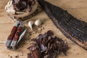 Beautifull piece of dried meat ready to be cut into small pieces to eat as biltong in South Africa